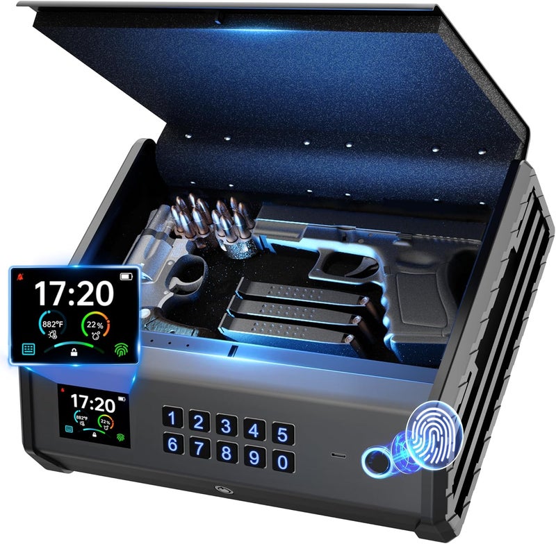 soliles خزنة مسدس، 3 طرق خزنة مسدس بيومترية مع شاشة LCD لعرض درجة الحرارة والرطوبة ومنفذ USB، مزود طاقة طارئ، صندوق قفل المسدس للمنزل وغرفة النوم وطاولة السرير والسيارة - Image 1